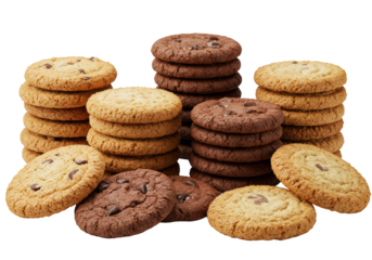 Assorted freshly baked cookies (chocolate chip, dark cocoa, sugar, oatmeal) stacked on transparent with soft studio light, delicious bakery assortment concept