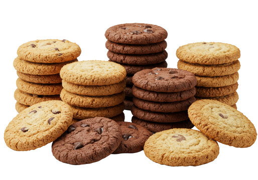 Assorted freshly baked cookies (chocolate chip, dark cocoa, sugar, oatmeal) stacked on transparent with soft studio light, delicious bakery assortment concept - Powered by Adobe