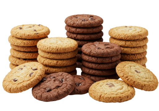Assorted freshly baked cookies (chocolate chip, dark cocoa, sugar, oatmeal) stacked on transparent with soft studio light, delicious bakery assortment concept
