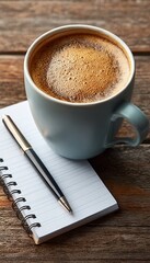 A Serene Morning Scene Light Blue Coffee Mug, Notebook, and Pen on a Rustic Brown Desk