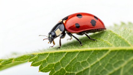 Ladybug on leaf: A captivating ladybug with its iconic red and black spotted shell sits delicately on a vibrant green leaf. Its presence symbolizes luck, natural beauty.