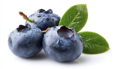 A vibrant cluster of three glistening blueberries with two green leaves, set against a clean, bright white background, evoking freshness
