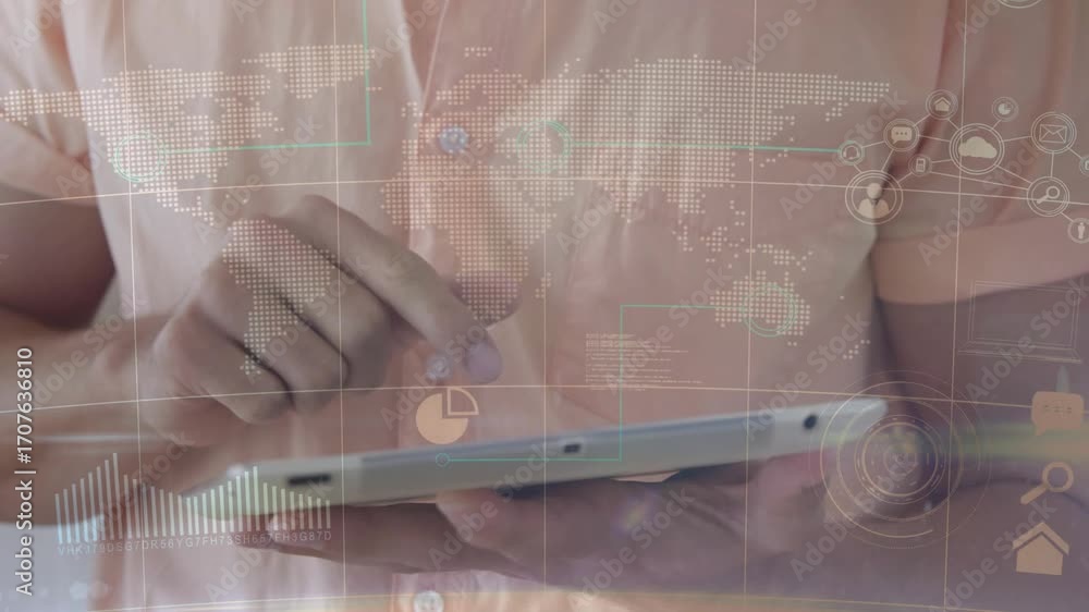 Poster man tapping tablet chart pulse swiping map highlighting activating pie-chart glow for analytics
