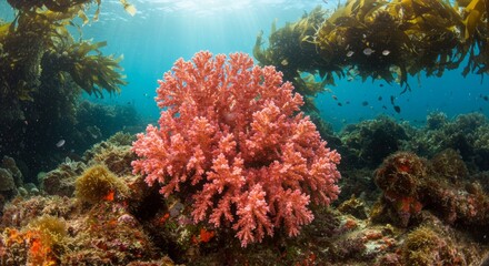 Obraz premium Coral Reef: A captivating view of a vibrant coral reef teeming with life, showcasing the beauty and diversity of the underwater world, with a breathtaking array of colors.