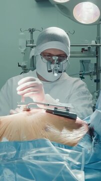 Doctor expands patient chest with retractor in room. Cardiology surgeon opens wound to conduct coronary artery bypass surgery in modern clinic