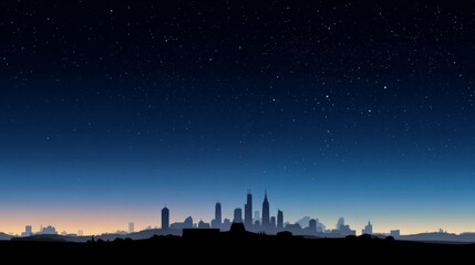 Night cityscape silhouette against a starlit sky A dark horizon shows buildings and a few trees