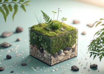 Tiny Moss Cube with Pebbles and Ferns