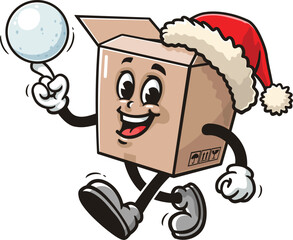 Cartoon cardboard box mascot playing snowballs and wearing a Christmas hat