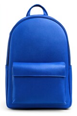 Fototapeta premium A vibrant, electric blue, faux-leather backpack with a clean, minimalist design, featuring a front pocket and a top handle on a white backdrop