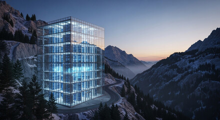 Data center in scenic mountains showcasing technological innovation and cloud solutions