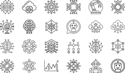 Artificial Intelligence Chip, Neural Network Brain, Cloud Technology, Data Analytics, Robotics Automation, Chatbot Assistant, Blockchain, IoT, Deep Learning, and Smart Digital Innovation Vector Set