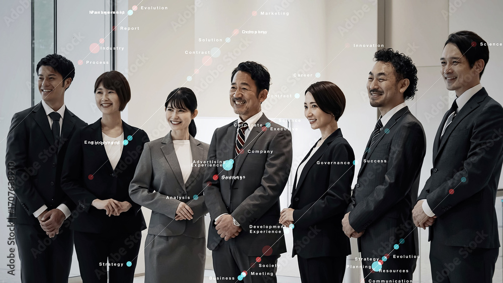 Fototapete ビジネス、ネットワーク、グループ、チームワーク、日本人、テクノロジー、経営、キーワード、同僚、仲間、社長、経営者、課題、データ、評価、個性、能力、スキル、活躍、人材、管理、システム、ソフトウェア、テッ