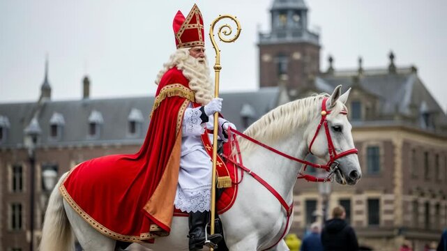 Sinterklaas riding on white horse through Dutch city. Saint Nicholas day in Netherlands, Belgium. Greeting card for holland holiday Celebration concept for children european party in day five december