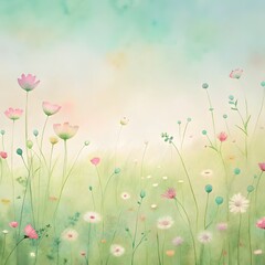 Watercolor meadow with delicate pink and white wildflowers and soft green stems nature spring