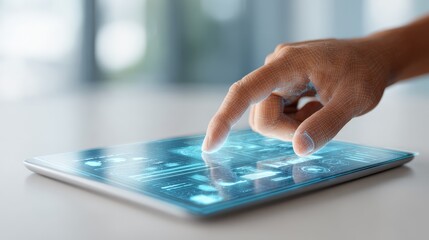 Polygonal mesh hand interacting with futuristic holographic interface on tablet, showcasing advanced technology and innovation in user interface design