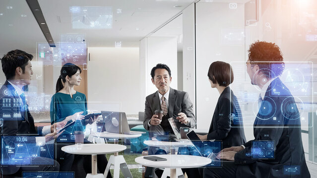 Group of business people meeting with digital technology - Powered by Adobe