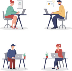 Vector illustration of office workers sitting at desks with laptops, plants, and charts on the wall, representing teamwork and productivity in a modern office environment.