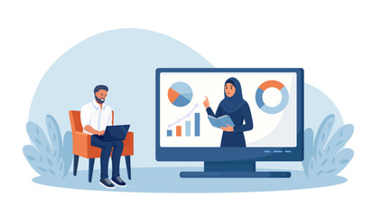 Remote training with muslim mentor on screen and student with laptop. Online education. Teacher conducts webinar. Students using computers for e-learning, online courses, and virtual meeting