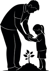 Vector art of father and daughter planting a small tree together, transparent background