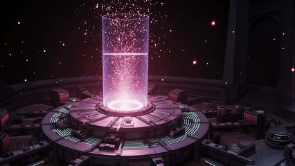 Futuristic sci-fi energy core glowing with intense neon pink and purple light at center