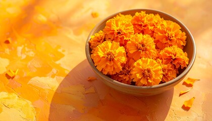 A vibrant bowl of fresh orange marigold flowers illuminated by golden sunlight, symbolizing celebration and tradition