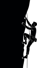 Vector art of silhouette of a man rock climbing on a dark cliff face with a rope transparent background