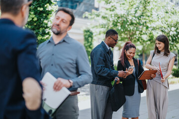 A diverse group of people smiling and engaging with electronic devices outdoors. The image captures...