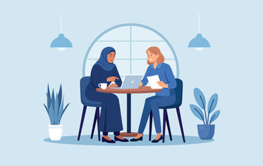 Muslim woman and her european friend are discussing project in cafe. Business consultation and deal talk. Diversity partnership. Diverse women working or studying together in co-working space