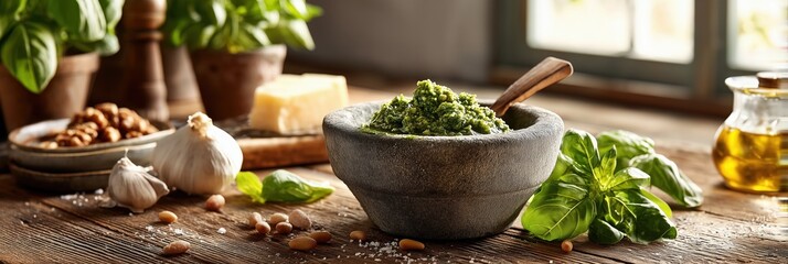 Fresh pesto genovese with ingredients on rustic wooden table