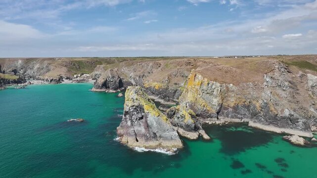 Kynance Cove from a drone, Mount's Bay, Lizard Point, Cornwall, England