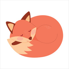 A cute, cartoon-style sleeping fox with orange fur and a bushy tail curled up in a cozy position. The background is plain white, emphasizing the fox's features.