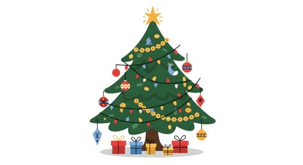 Festive Christmas tree with colorful ornaments and gift boxes illustration.
