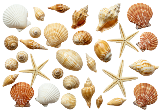 Photorealistic flat lay with diverse natural seashells (scallops, clams) and two textured beige starfish, artfully arranged on a transparent background with copy space, natural marine beauty concept