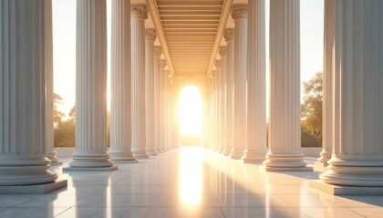 Fototapeta premium Sunlight illuminates long, white marble corridor lined with classical columns. Warm light filters through architectural structure, creating inviting, serene ambiance. Polished floor reflects bright