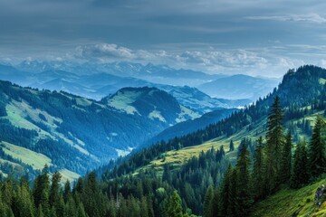 Fototapeta premium Swiss Alps mountain range with lush forest valleys and meadows, countryside in Switzerland landscape. Snowy mountain tops in the horizon, travel destination wallpaper background See Less 