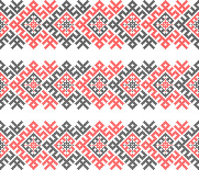 Ukrainian ethnic ornament vector, red and black cross-stitch seamless pattern, traditional vyshyvanka embroidery, folk art border for print, fabric, clothing, website, banner, background