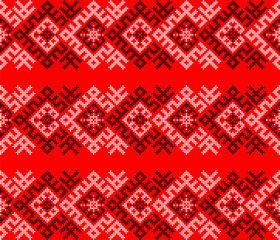 Ukrainian ethnic ornament vector, red and black cross-stitch seamless pattern, traditional vyshyvanka embroidery, folk art border for print, fabric, clothing, website, banner, background