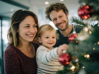 Family joyfully decorating a Christmas tree together, with colorful ornaments and warm lights, capturing the spirit of the holiday season and togetherness
