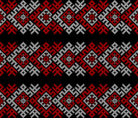 Ukrainian ethnic ornament vector, red and black cross-stitch seamless pattern, traditional vyshyvanka embroidery, folk art border for print, fabric, clothing, website, banner, background