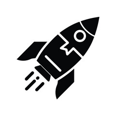 Obraz premium Black silhouette rocket launches toward space, featuring booster flames on its lower side