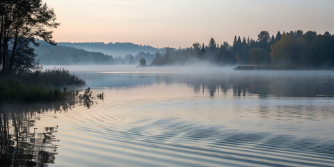 background of a serene, hazy morning by a lake