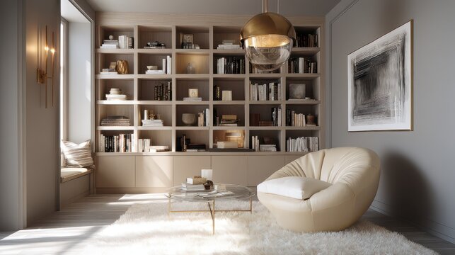 A sunlit study featuring a built-in bookcase and comfortable seating.