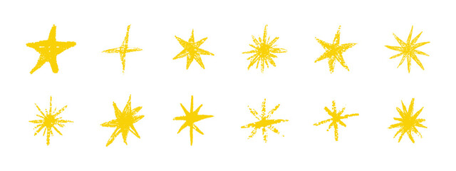 Grunge chalk star shapes set. Crayon doodle sketch elements with shine, twinkle, sparkle and glowing textures. Hand drawn childlike style vector illustration
