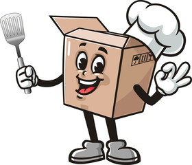 Cartoon mascot of a cardboard box holding a spatula and wearing a chef's hat