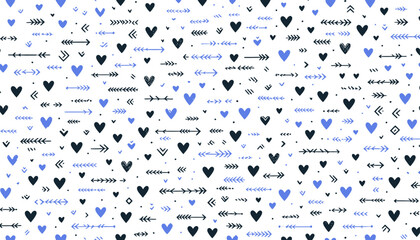 hearts and arrows vector seamless pattern in blue and black