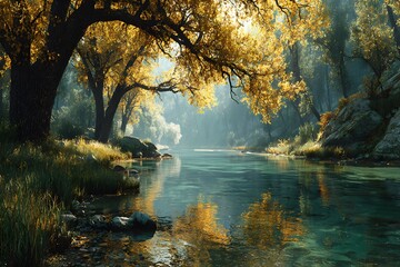 Obraz premium Tranquil forest river with autumn trees and soft sunlight creating peaceful reflections, useful for wellness, backgrounds and seasonal promotions