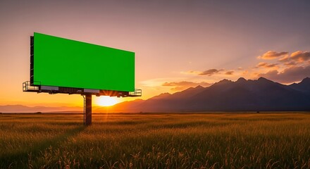 A large blank billboard stands tall against a golden sunset over a grassy field and distant mountains.