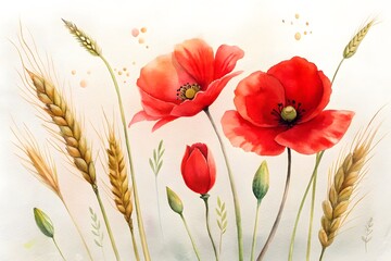 Obraz premium Watercolor painting of red poppies and wheat stalks poppy flower