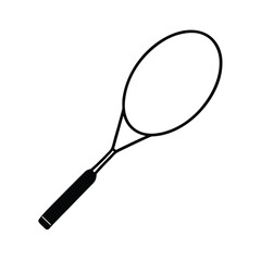 Black silhouette of a tennis racket on a clean white background for sports designs
