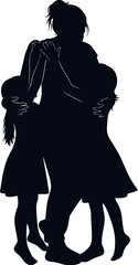 Vector art of silhouette of a mother hugging her two daughters, symbolizing love and family bond transparent background